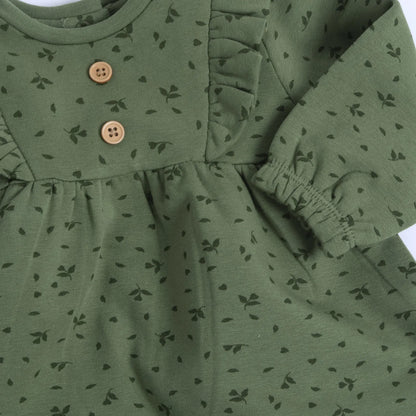 Girls Dark Green Self Design Long Sleeve Dress
