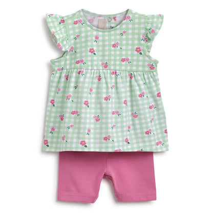 Girls Green Printed Top With Shorts