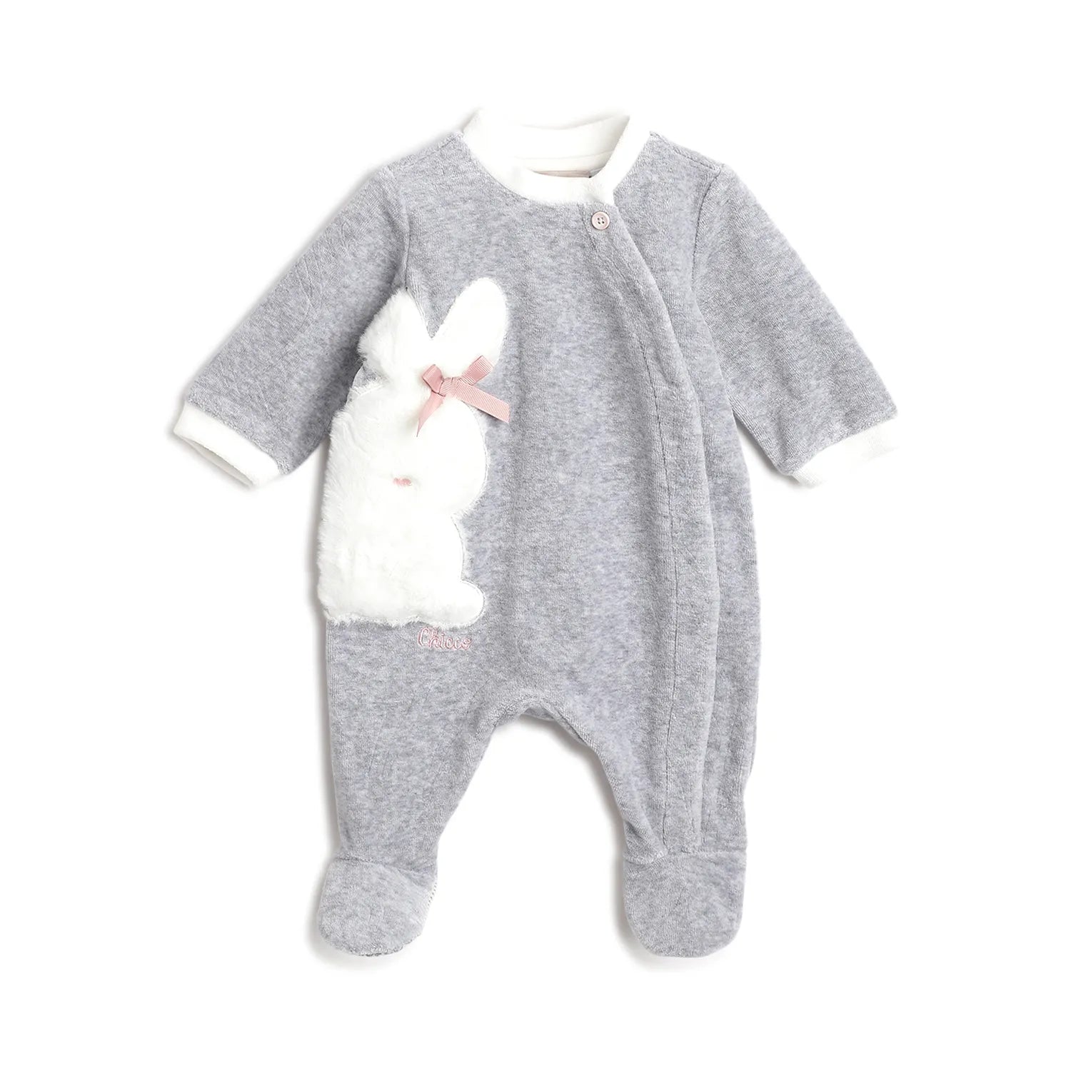 Girls Grey Embroidered Front Opening Babysuit
