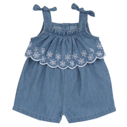 Girls Light Blue Embroidered Romper