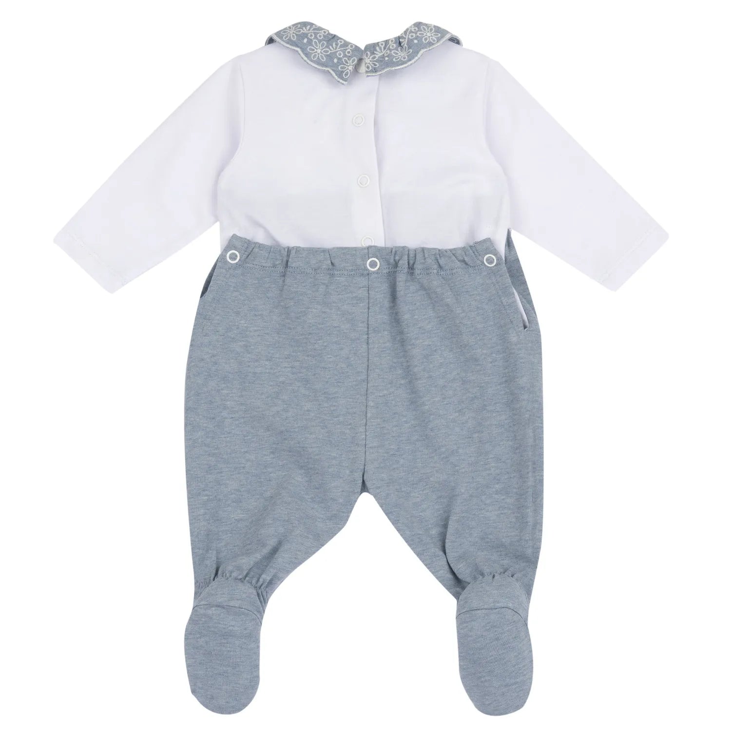 Girls Medium Light Blue Embroidered Back Opening Babysuit