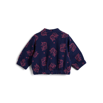Girls Navy Blue Printed Cardigan