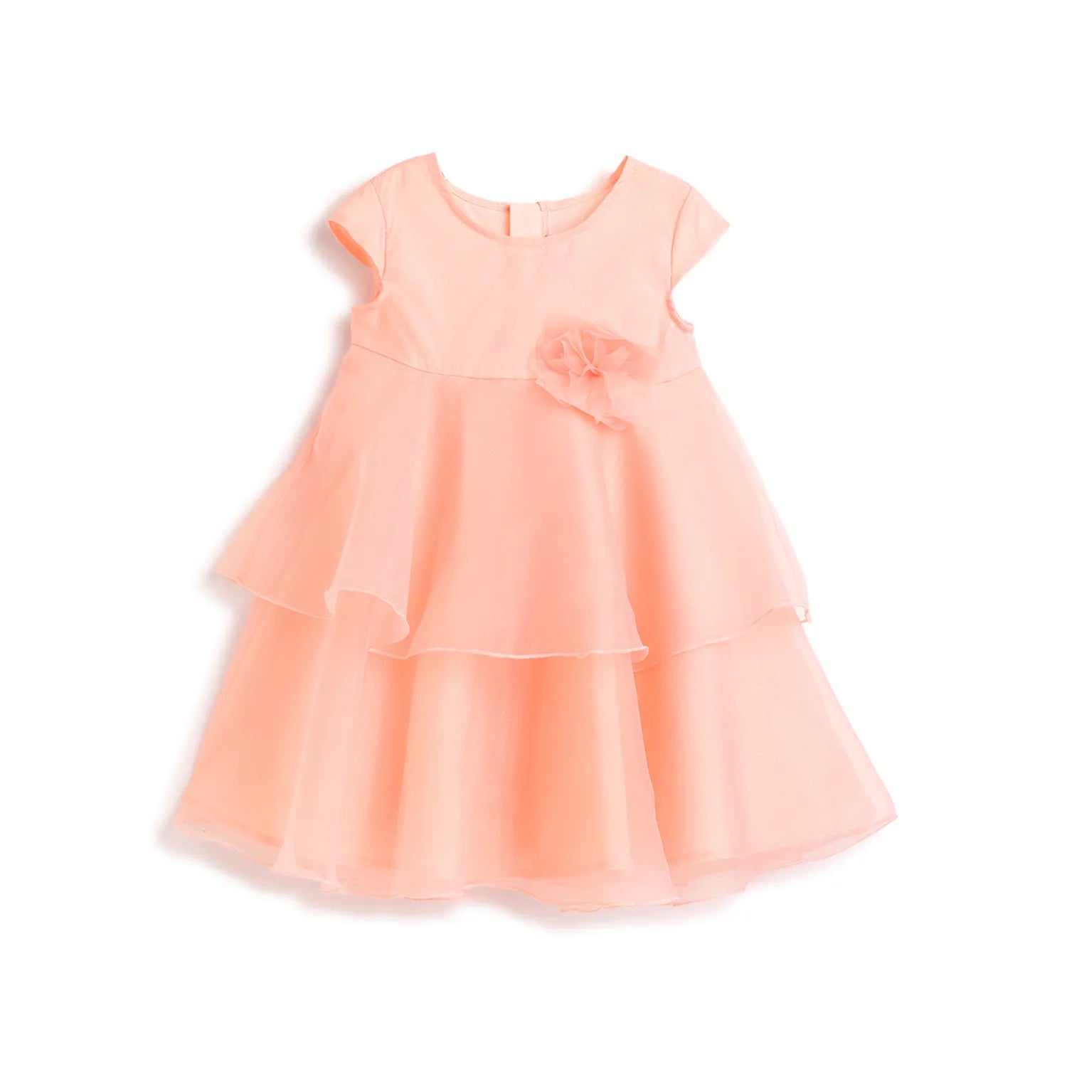 Girls Peach Self Design Dress