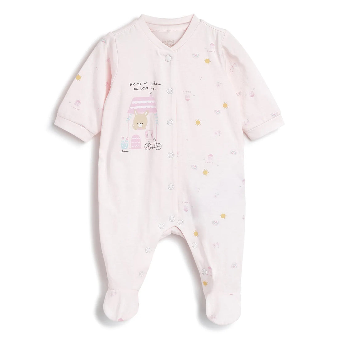 Girls Pink Printed Front Opening Babysuit