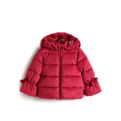 Girls Red Hooded Solid Padded Jacket