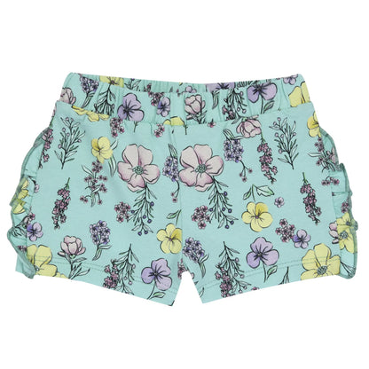Girls Sea Green Floral Printed Shorts