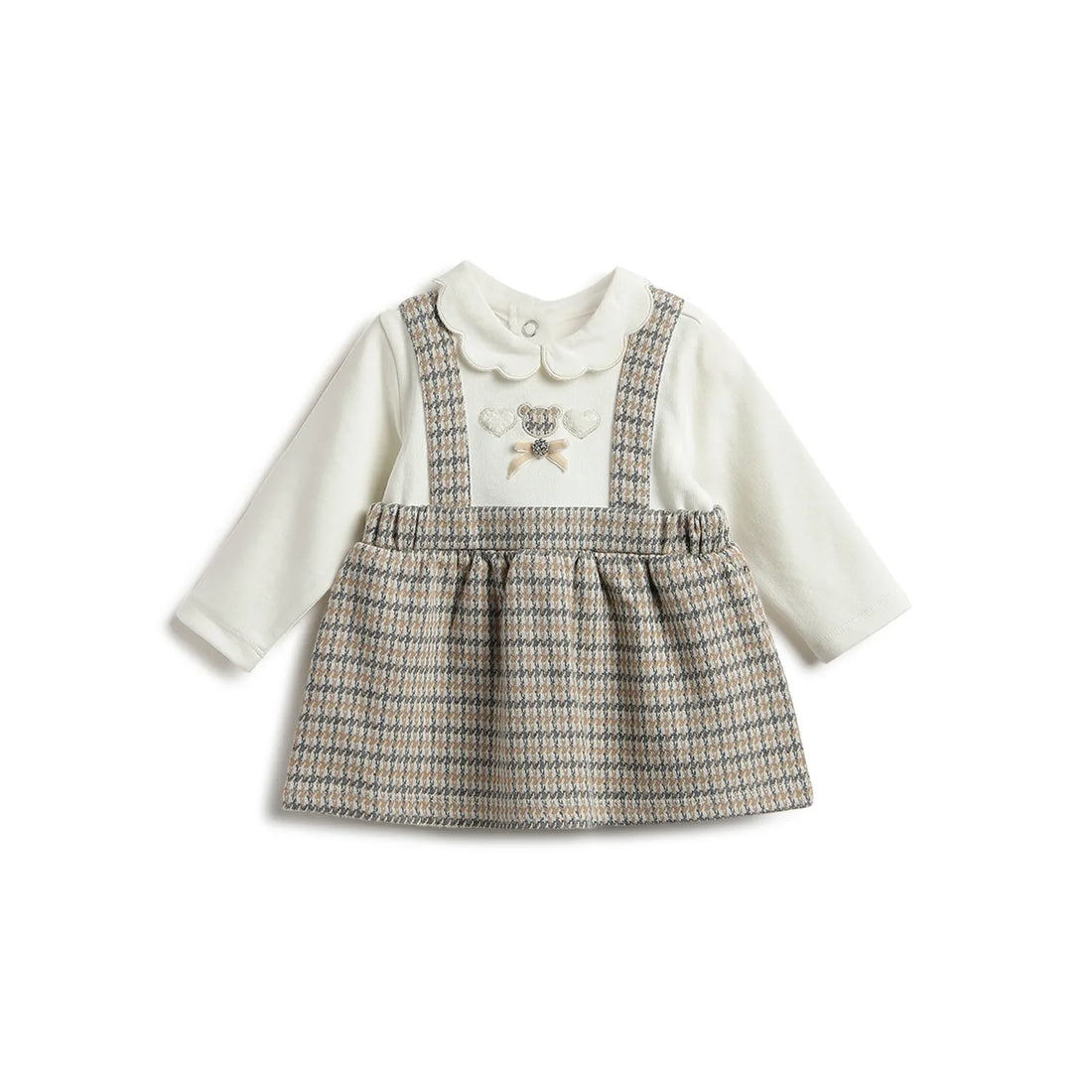 Girls White &amp; Beige Checked Dress