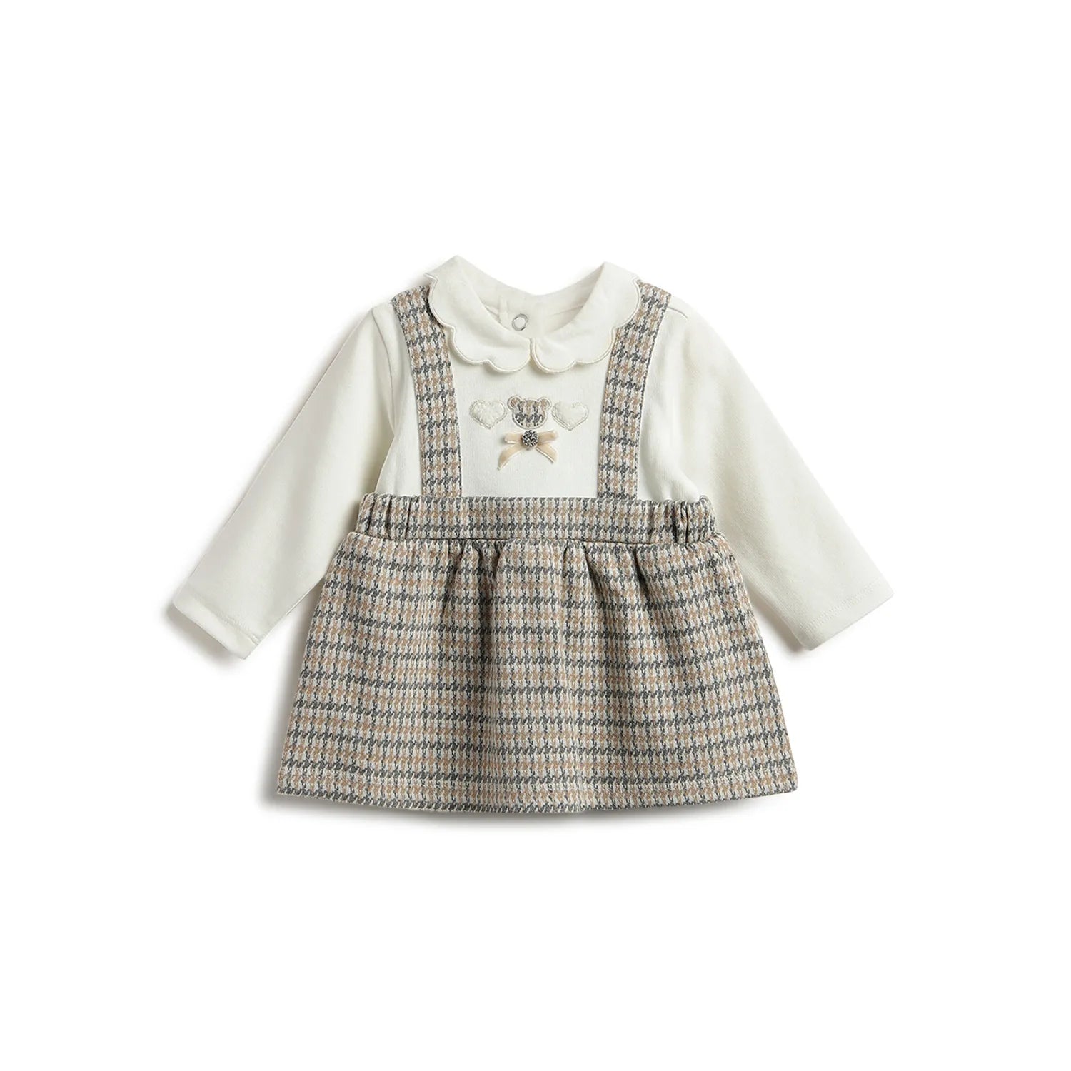 Girls White &amp; Beige Checked Dress