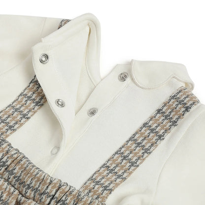 Girls White &amp; Beige Checked Dress