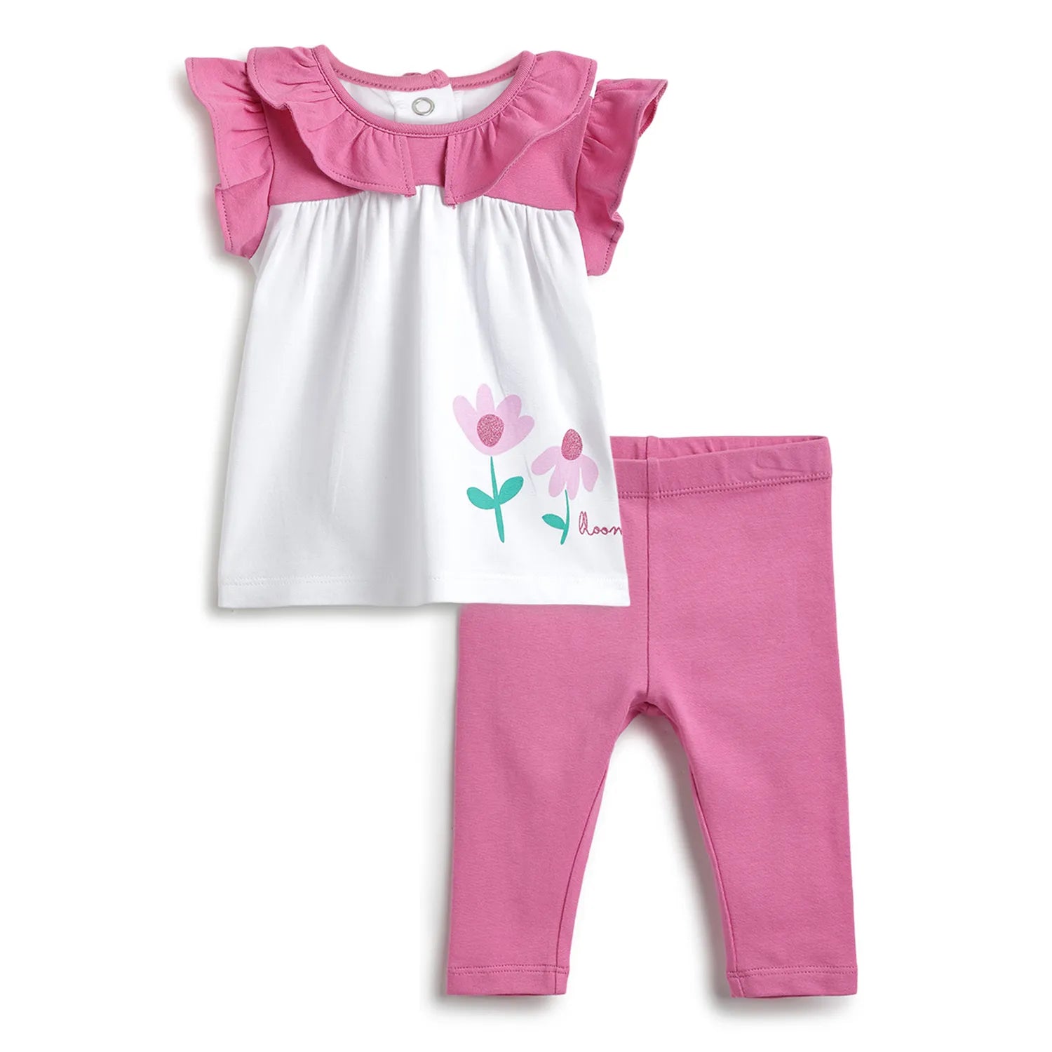 Girls White &amp; Pink Printed T-Shirt With Leggings