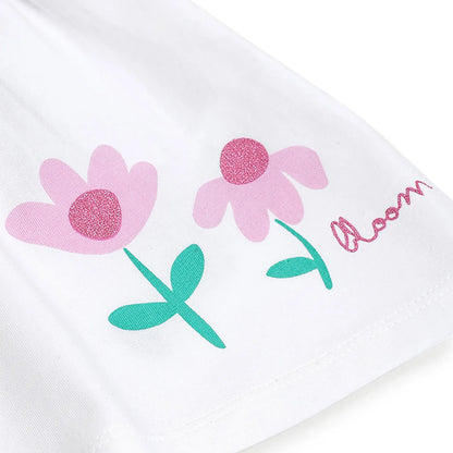 Girls White &amp; Pink Printed T-Shirt With Leggings