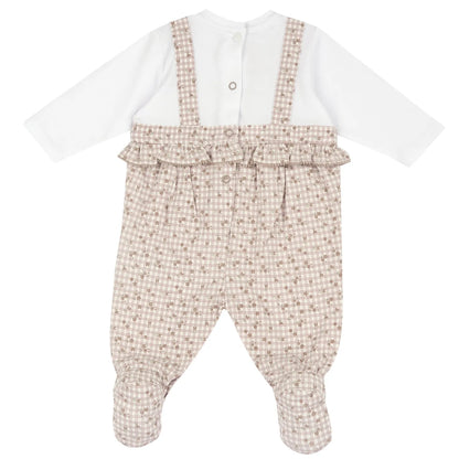 Girls White and Beige Embroidered Back Opening Babysuit