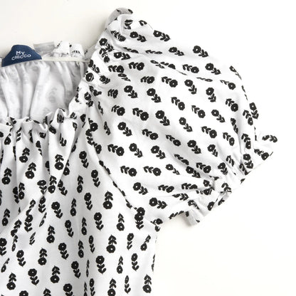 Girls White and Black Floral Printed Top