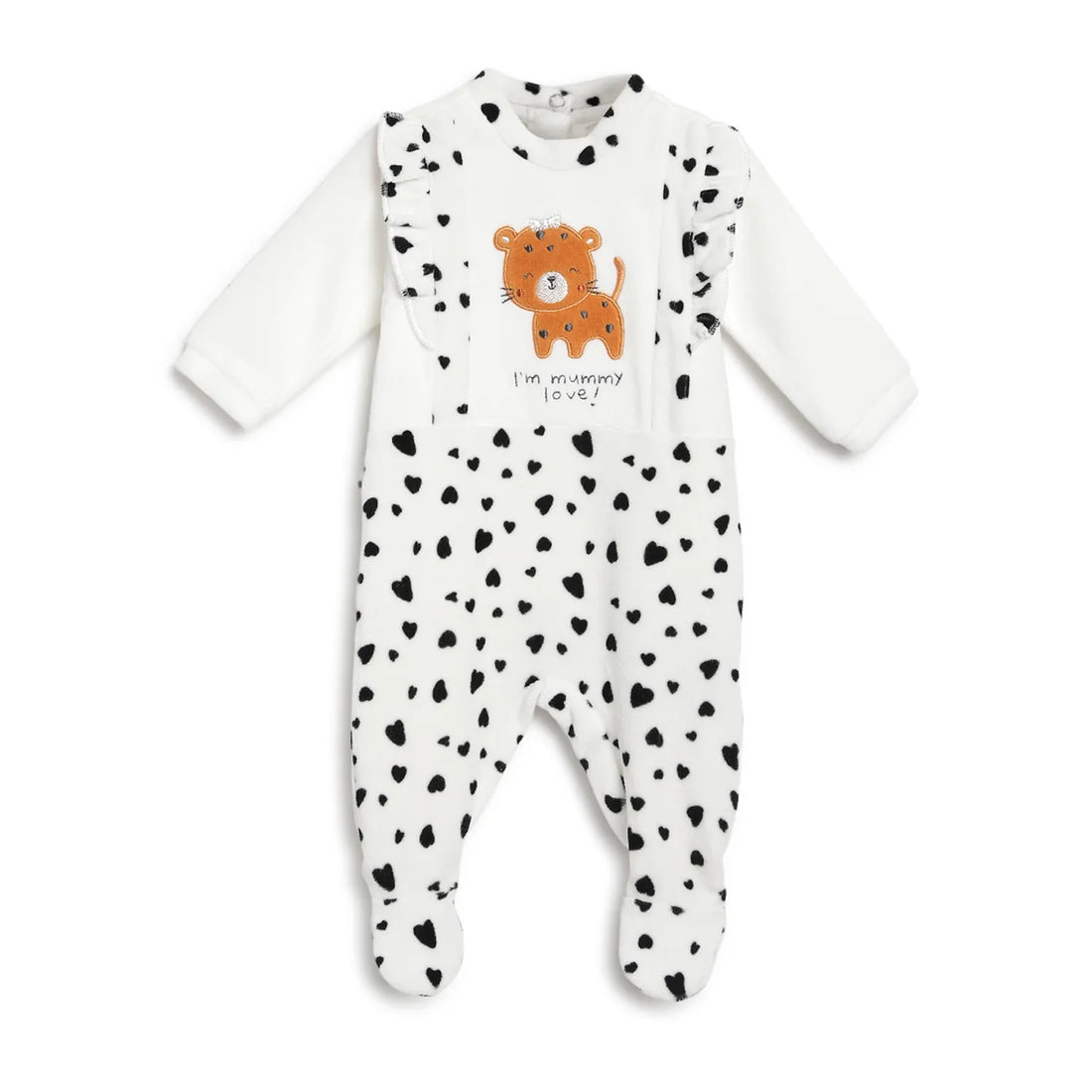 Girls White &amp; Black Printed Nappy Opening Babysuit