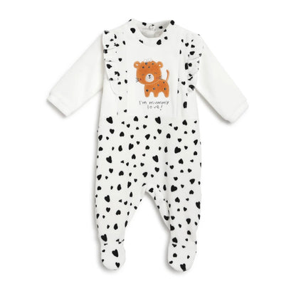 Girls White &amp; Black Printed Nappy Opening Babysuit