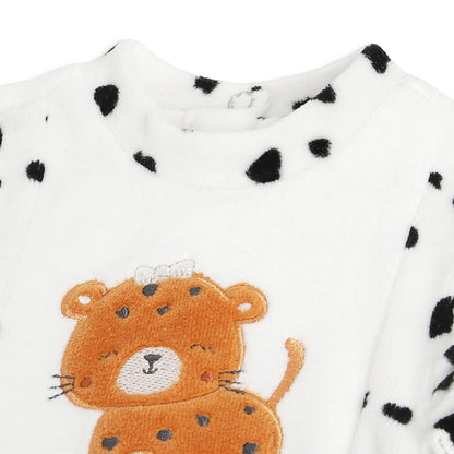 Girls White &amp; Black Printed Nappy Opening Babysuit