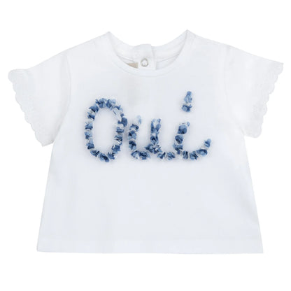 Girls White and Blue Embellished T-shirt