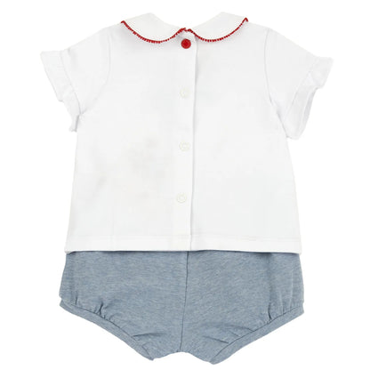 Girls White and Blue Embroidered T-Shirt with Shorts