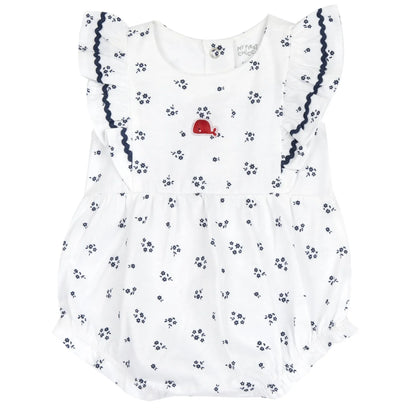 Girls White and Blue Floral Printed Romper