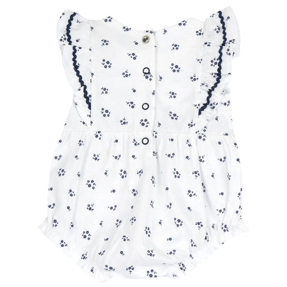 Girls White and Blue Floral Printed Romper