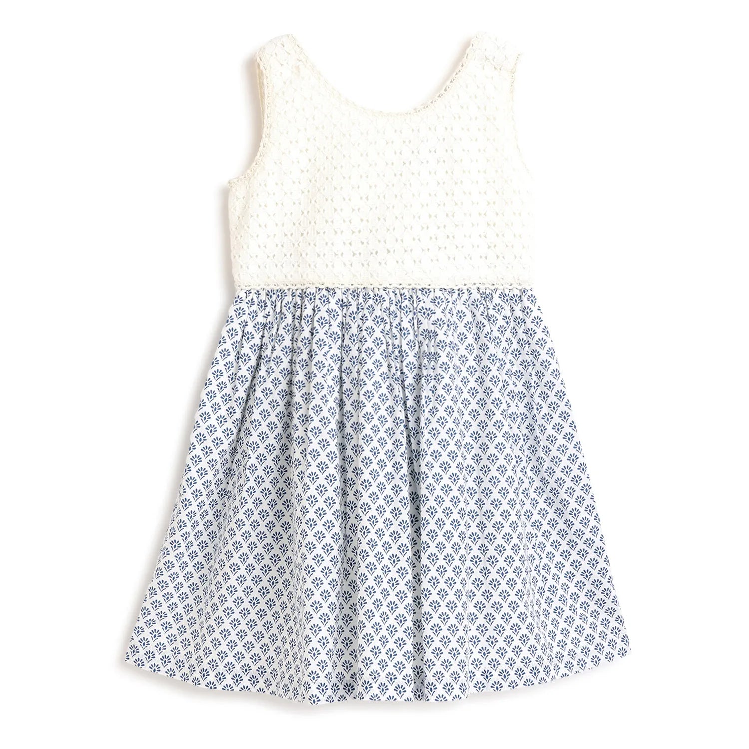 Girls White &amp; Blue Printed Dress