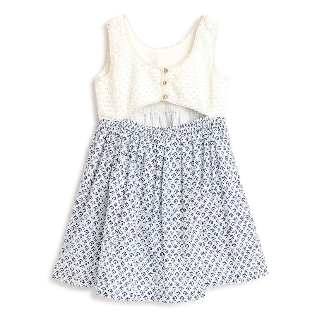 Girls White &amp; Blue Printed Dress