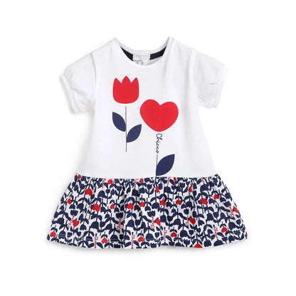 Girls White &amp; Blue Printed Dress