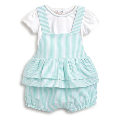 Girls White &amp; Blue Striped Tshirt with Dungarees