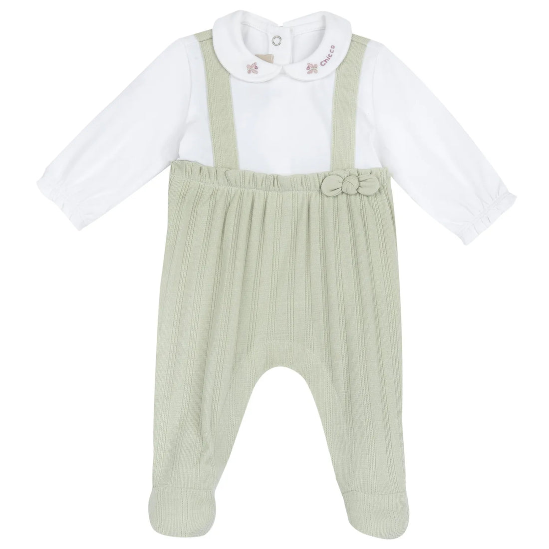 Girls White and Green Embellished Leg Opening Babysuit