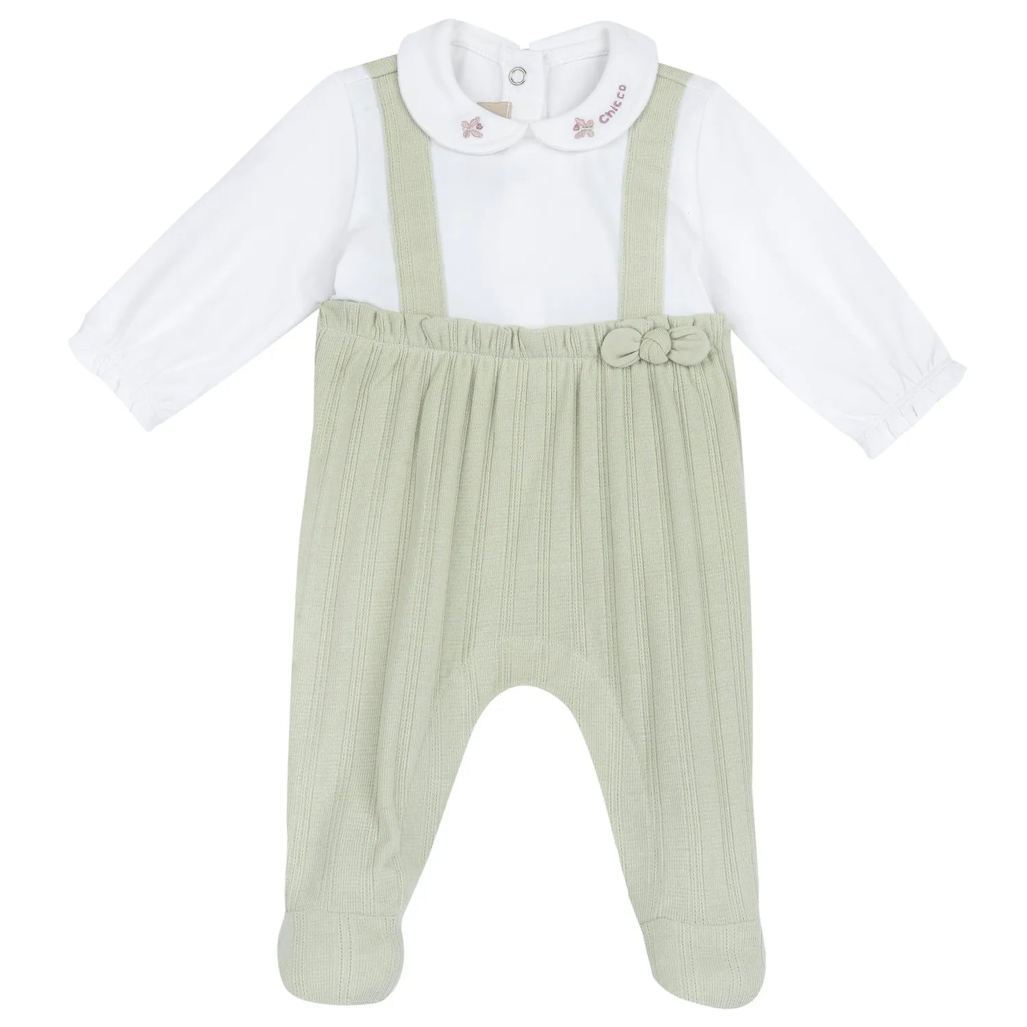 Girls White and Green Embellished Leg Opening Babysuit