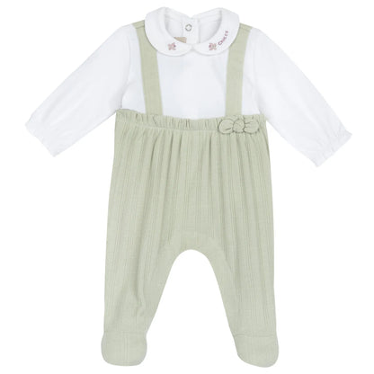 Girls White and Green Embellished Leg Opening Babysuit