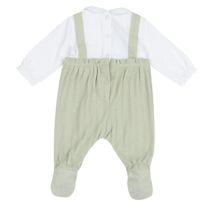 Girls White and Green Embellished Leg Opening Babysuit