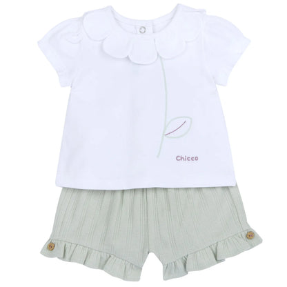 Girls White and Green Embroidered T-Shirt with Shorts