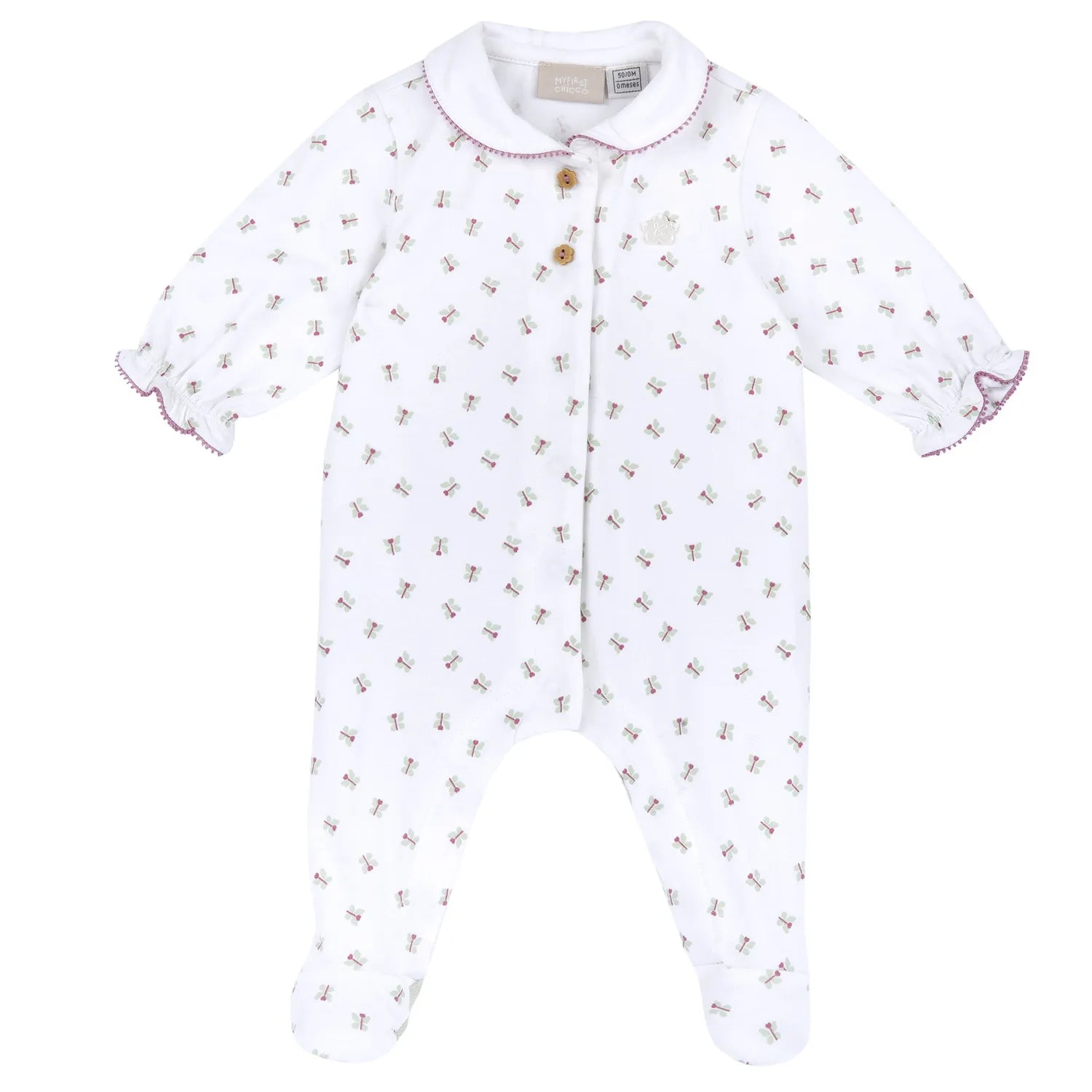 Girls White and Green Printed Front Opening Babysuit