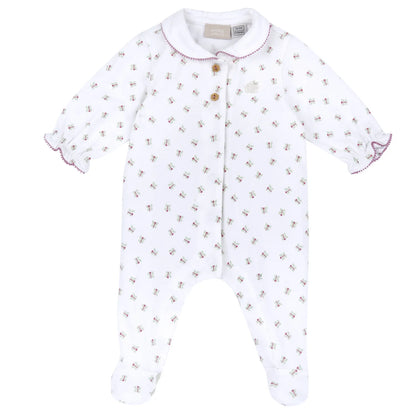 Girls White and Green Printed Front Opening Babysuit