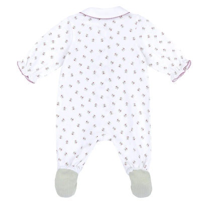 Girls White and Green Printed Front Opening Babysuit