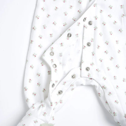 Girls White and Green Printed Front Opening Babysuit