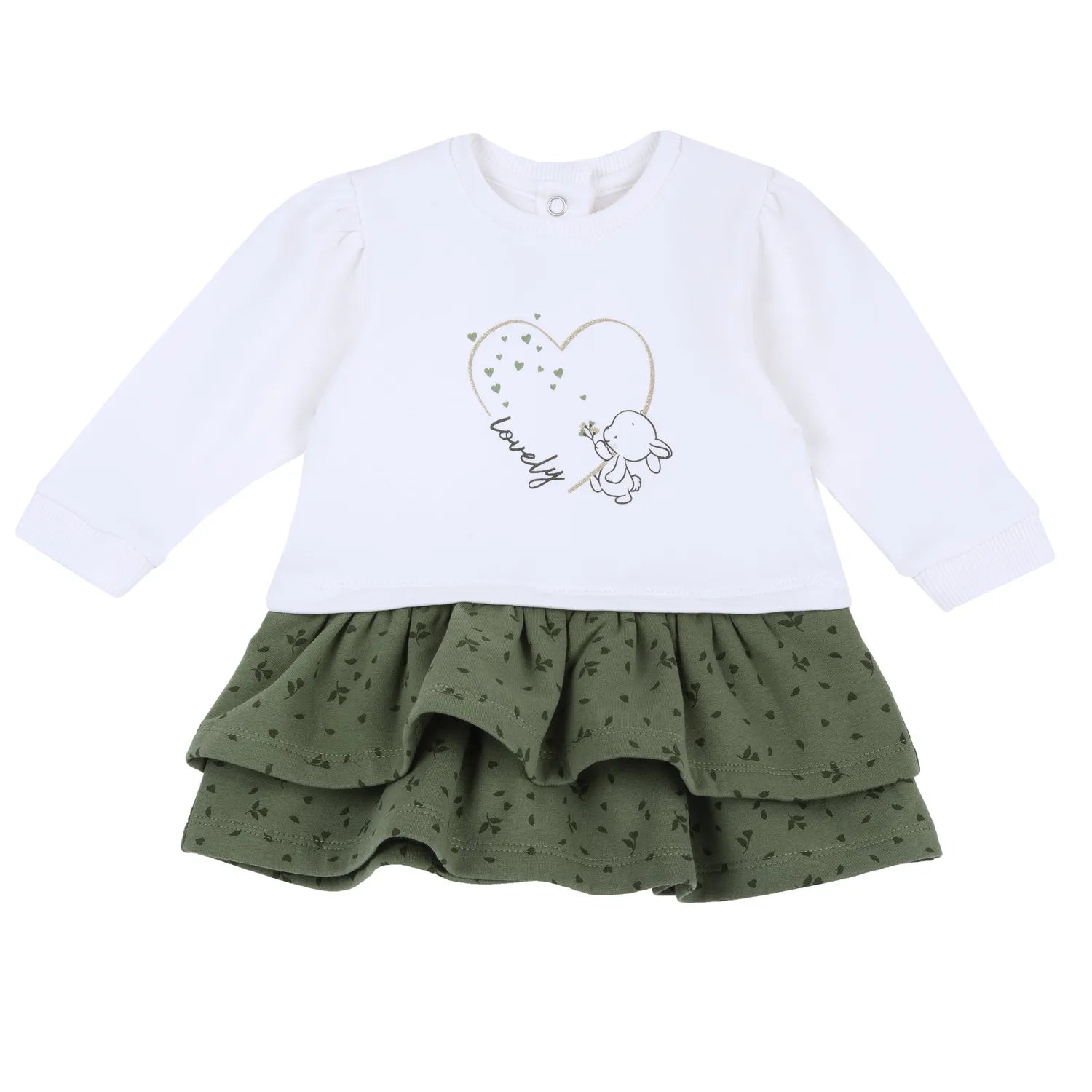 Girls White &amp; Green Printed Long Sleeve Dress