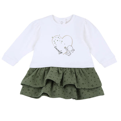 Girls White &amp; Green Printed Long Sleeve Dress