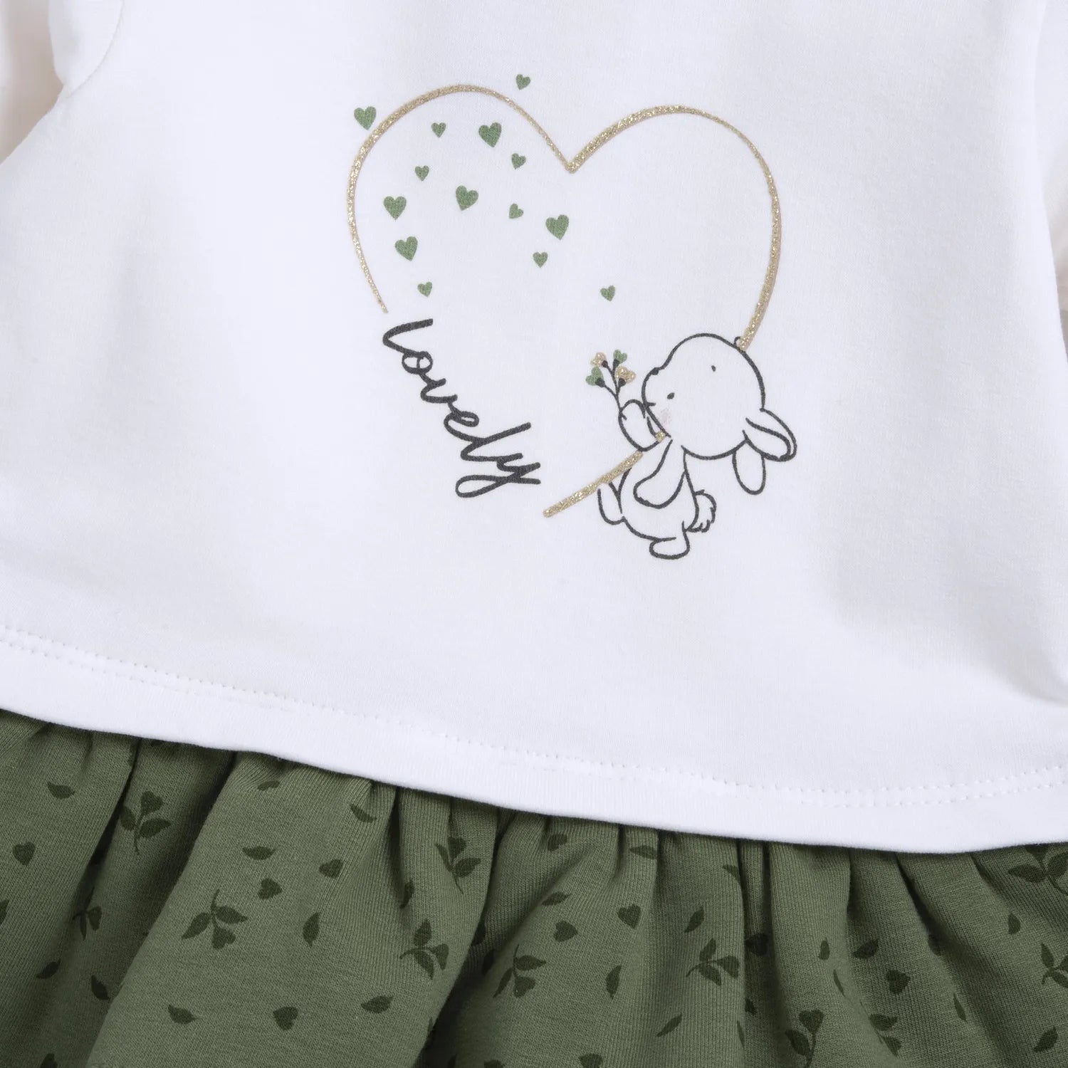 Girls White &amp; Green Printed Long Sleeve Dress