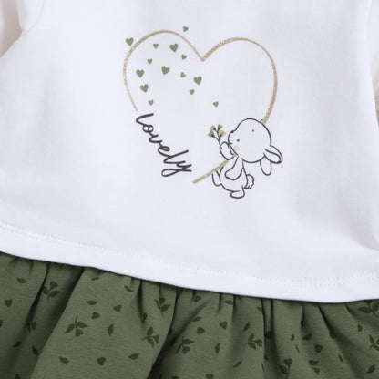 Girls White &amp; Green Printed Long Sleeve Dress