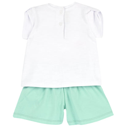 Girls White and Green Printed T-Shirt with Shorts