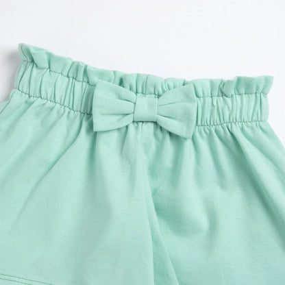 Girls White and Green Printed T-Shirt with Shorts