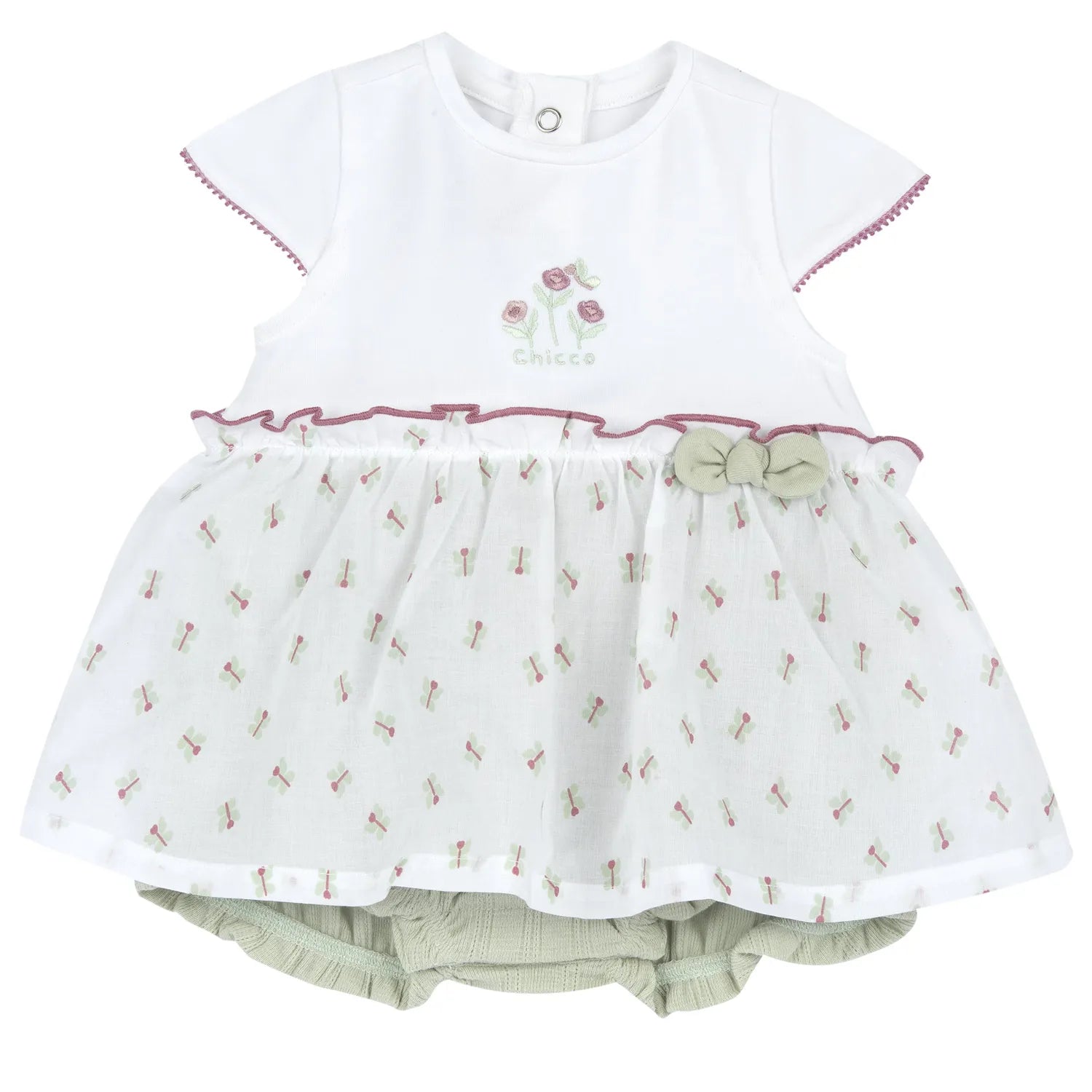 Girls White and Green Self Design Romper