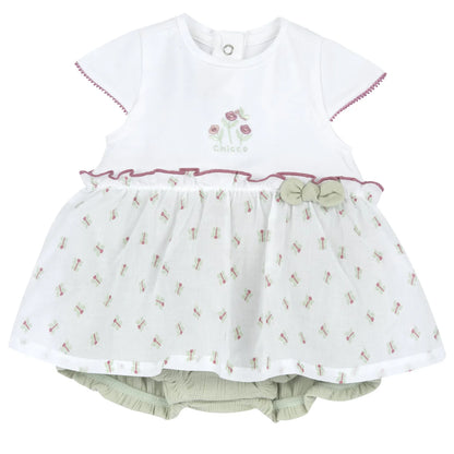 Girls White and Green Self Design Romper