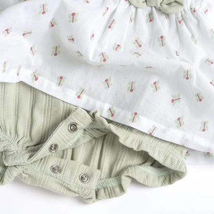 Girls White and Green Self Design Romper