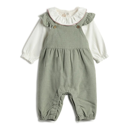 Girls White &amp; Green Solid Clothing Set