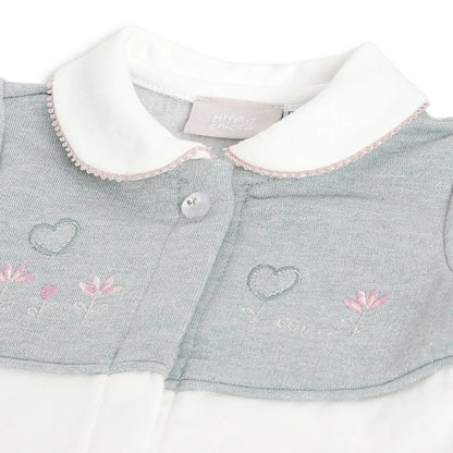 Girls White &amp; Grey Embroidered Front Opening Babysuit