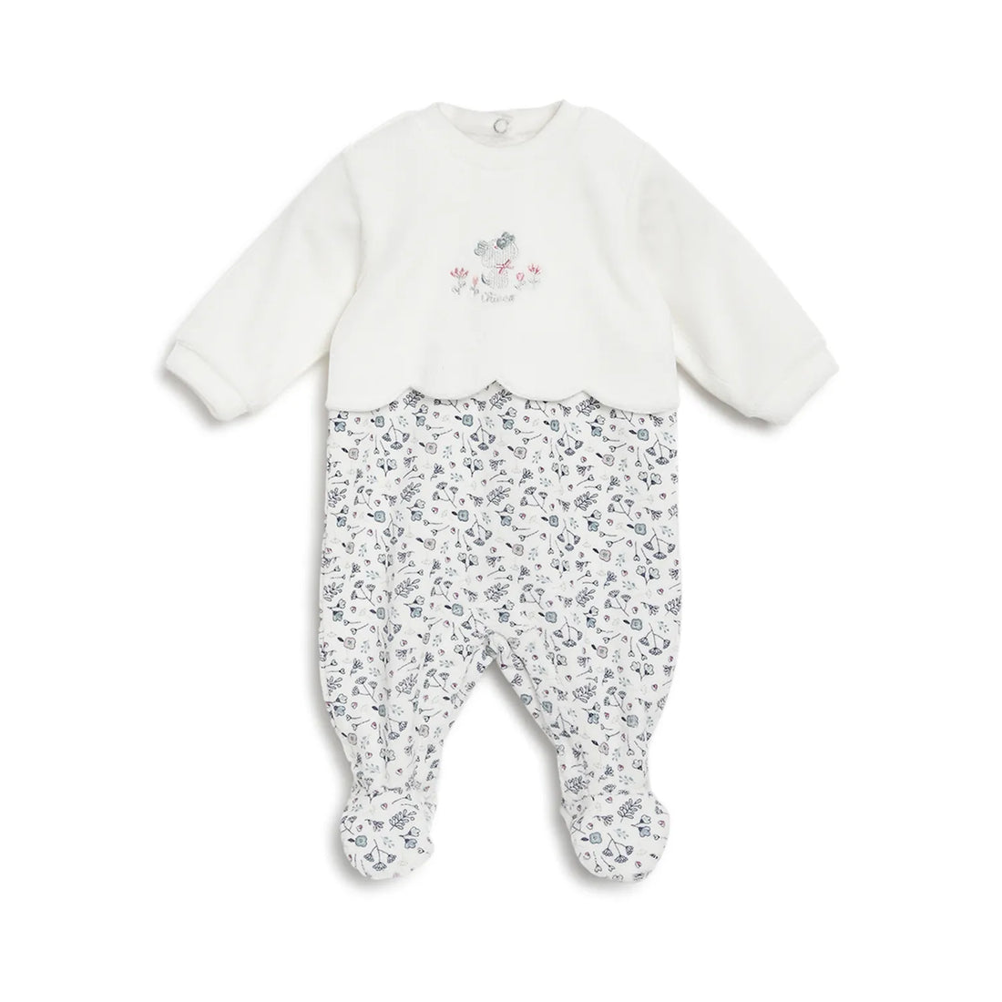Girls White &amp; Grey Printed Leg Opening Babysuit