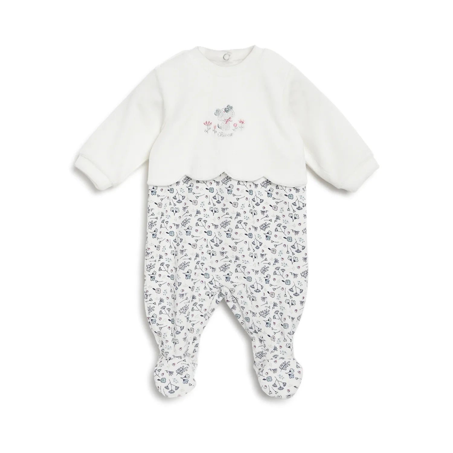 Girls White &amp; Grey Printed Leg Opening Babysuit
